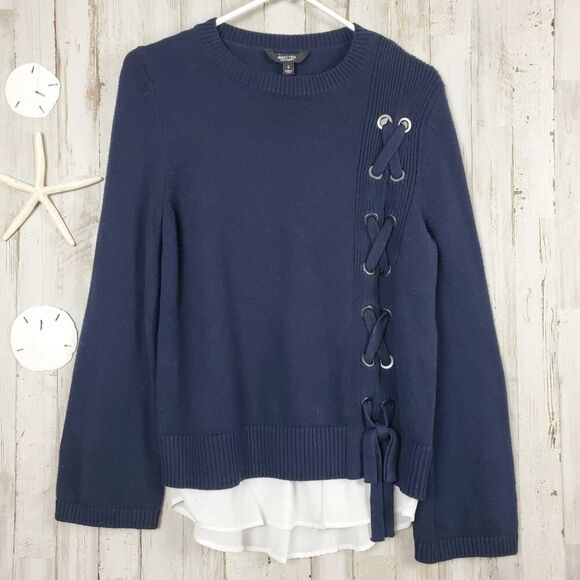 Simply Vera Vera Wang Lace Up Mock Layer Sweater Navy Blue White Size Small - Picture 12 of 12